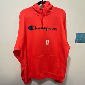 Champion Authentic Athleticwear Fleece Pullover Hoodie Logo Pockets L Orange